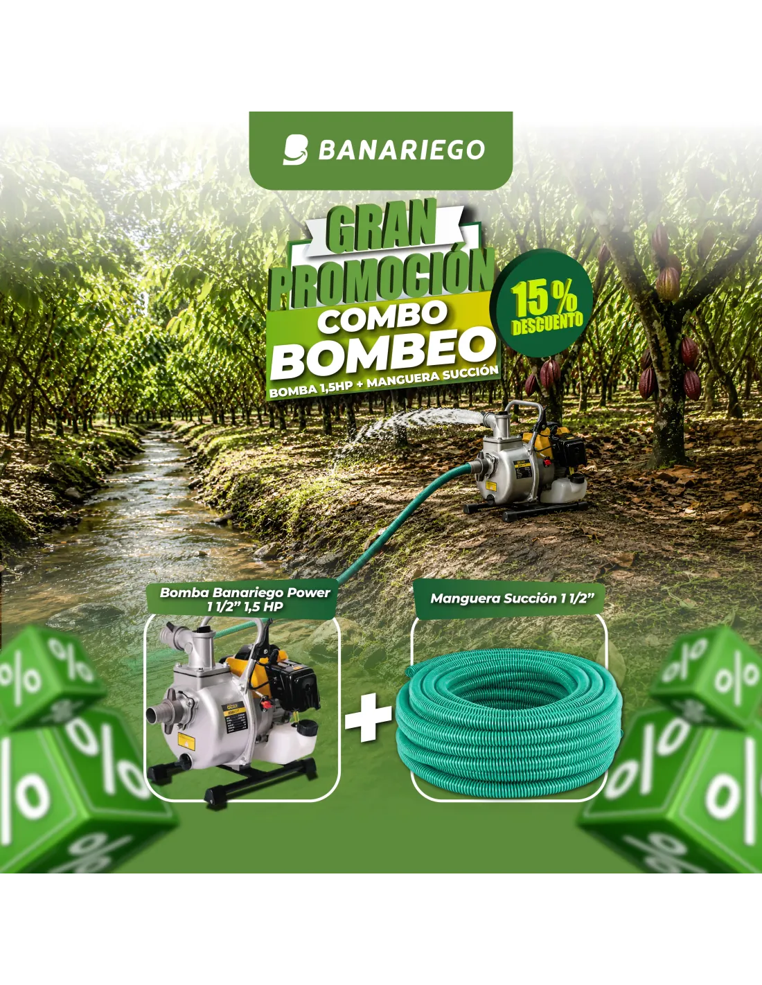 Motobomba 1.5 HP Banariego Power + 24 m Manguera